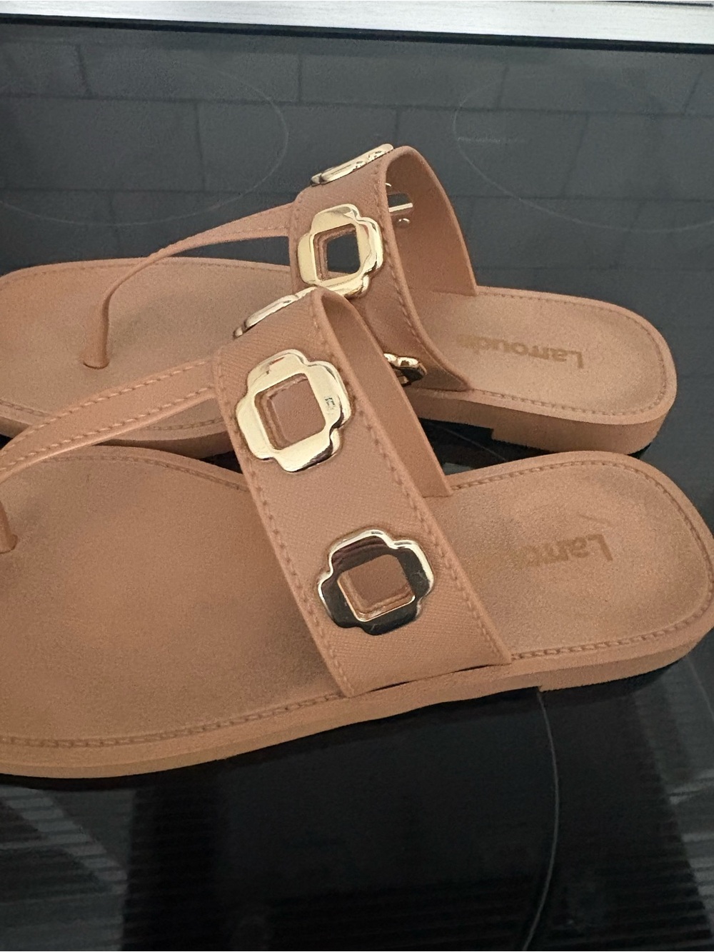 Larroude Nude Tan Slide Sandals with Gold Accents - Picture 3 of 5